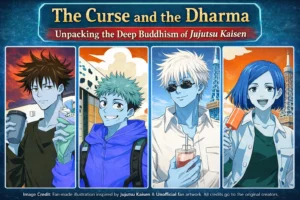 Fan-made Jujutsu Kaisen illustration showing four characters in vertical panels, representing the Buddhist and curse themes discussed in the article