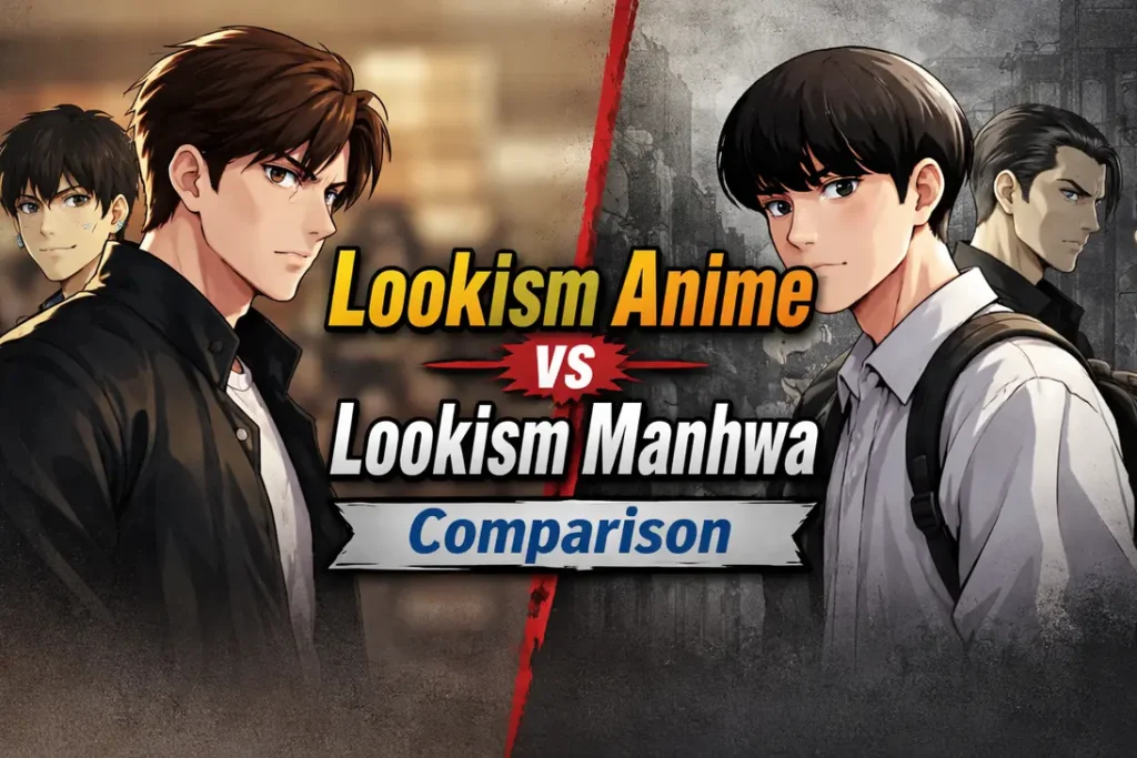 Lookism Anime vs Lookism Manhwa comparison illustration showing two students in anime style and manhwa style, representing differences in art style and storytelling tone