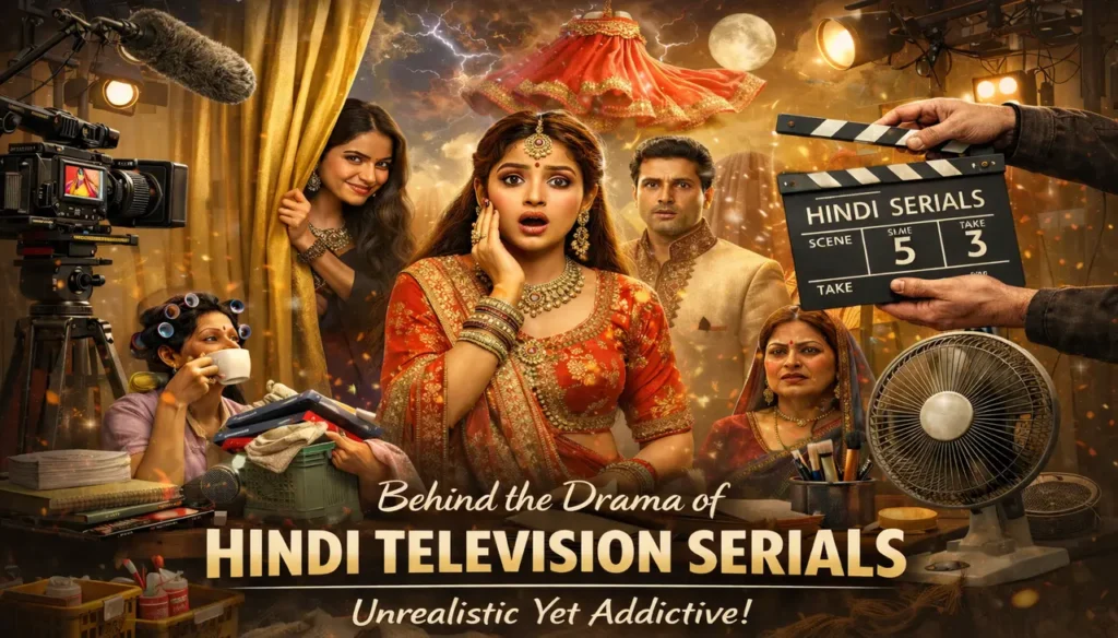 Hindi TV serial reality gap illustration showing dramatic television family scene versus real middle class home