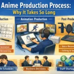 Anime production process showing pre-production, animation workflow and post-production stages