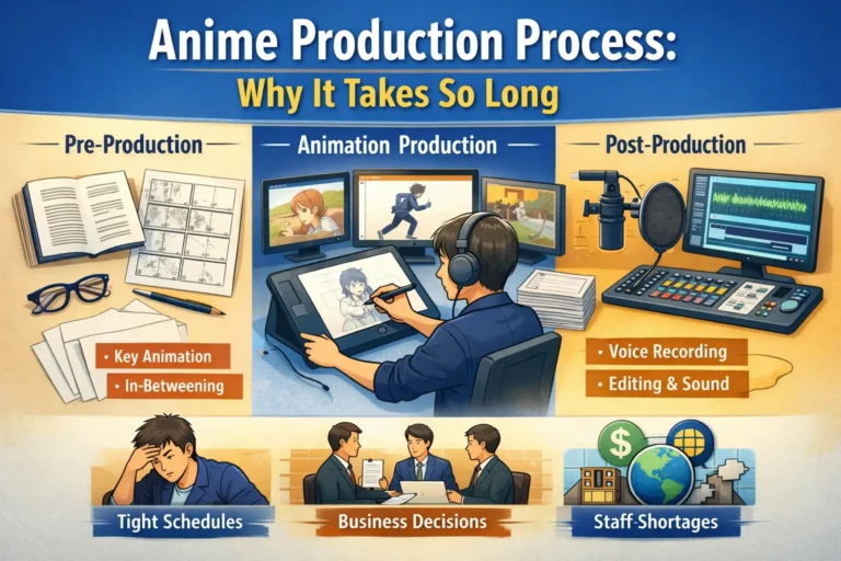 Anime production process showing pre-production, animation workflow and post-production stages