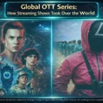 illustration representing global OTT series culture, showing two contrasting cinematic scenes inspired by modern streaming shows