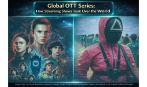 illustration representing global OTT series culture, showing two contrasting cinematic scenes inspired by modern streaming shows