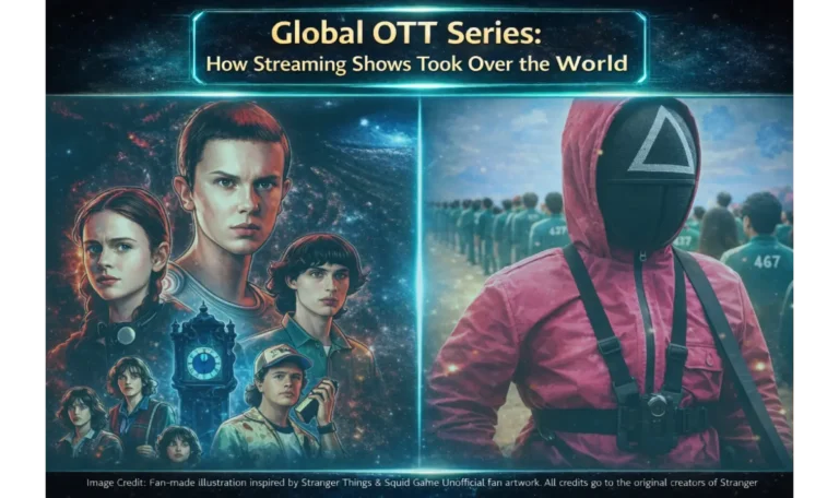 illustration representing global OTT series culture, showing two contrasting cinematic scenes inspired by modern streaming shows