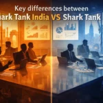 Editorial illustration showing key differences between Shark Tank India and Shark Tank US with two startup boardrooms, business silhouettes and investor discussion