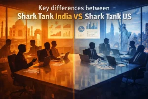 Editorial illustration showing key differences between Shark Tank India and Shark Tank US with two startup boardrooms, business silhouettes and investor discussion