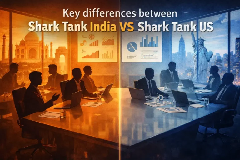 Editorial illustration showing key differences between Shark Tank India and Shark Tank US with two startup boardrooms, business silhouettes and investor discussion