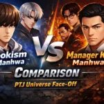 Lookism manhwa vs Manager Kim manhwa comparison featuring characters from Lookism anime and PTJ universe in a clean AI illustration