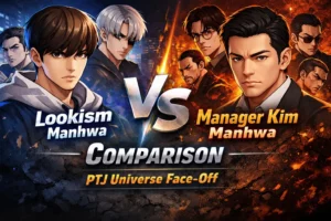 Lookism manhwa vs Manager Kim manhwa comparison featuring characters from Lookism anime and PTJ universe in a clean AI illustration