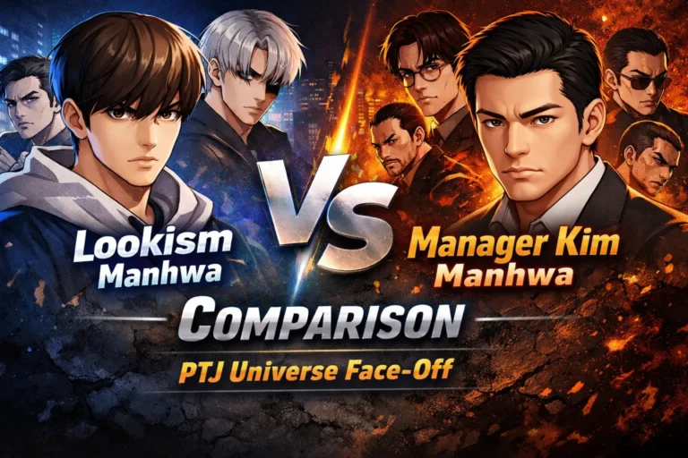 Lookism manhwa vs Manager Kim manhwa comparison featuring characters from Lookism anime and PTJ universe in a clean AI illustration