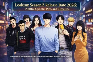 Lookism Season 2 release date 2026 Netflix update poster featuring main characters from the Lookism webtoon in a city background