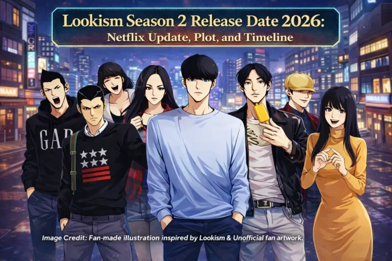 Lookism Season 2 release date 2026 Netflix update poster featuring main characters from the Lookism webtoon in a city background