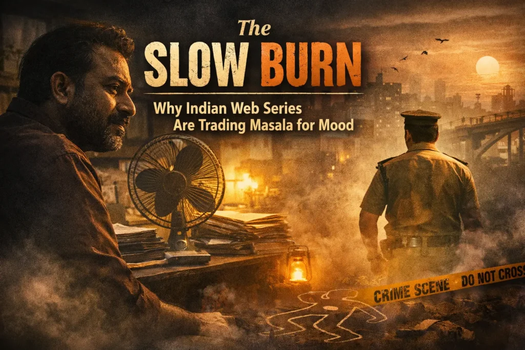 AI illustration representing the mood and atmosphere of slow burn Indian web series and modern OTT storytelling in India