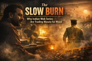 AI illustration representing the mood and atmosphere of slow burn Indian web series and modern OTT storytelling in India