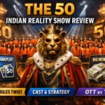 AI illustration showing a symbolic lion-masked host and contestants representing The 50 Indian reality show format and strategy based editorial review.