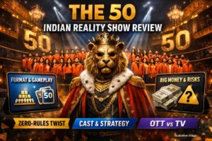AI illustration showing a symbolic lion-masked host and contestants representing The 50 Indian reality show format and strategy based editorial review.