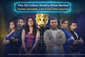 lion-masked host and contestants representing The 50 Indian reality show format and strategy based editorial review.